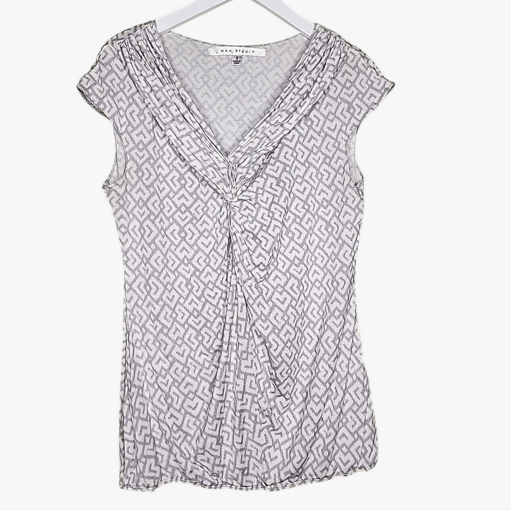 Vintage Max Studio Womens  Top S Y2K Gray White Twist Front Cap Sleeve V-Neck